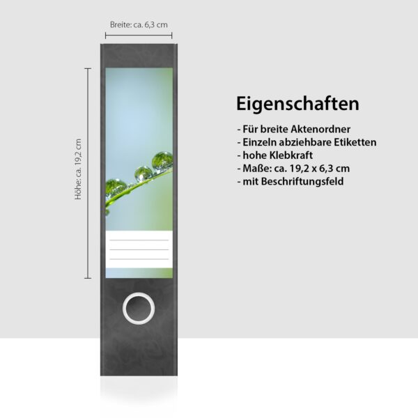 Etiketten für Ordner | Tropfen auf Blättern 2 | 4 breite Aufkleber für Ordnerrücken | Selbstklebende Design Ordneretiketten Rückenschilder