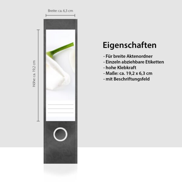 Etiketten für Ordner | Weiße Calla | 4 breite Aufkleber für Ordnerrücken | Selbstklebende Design Ordneretiketten Rückenschilder
