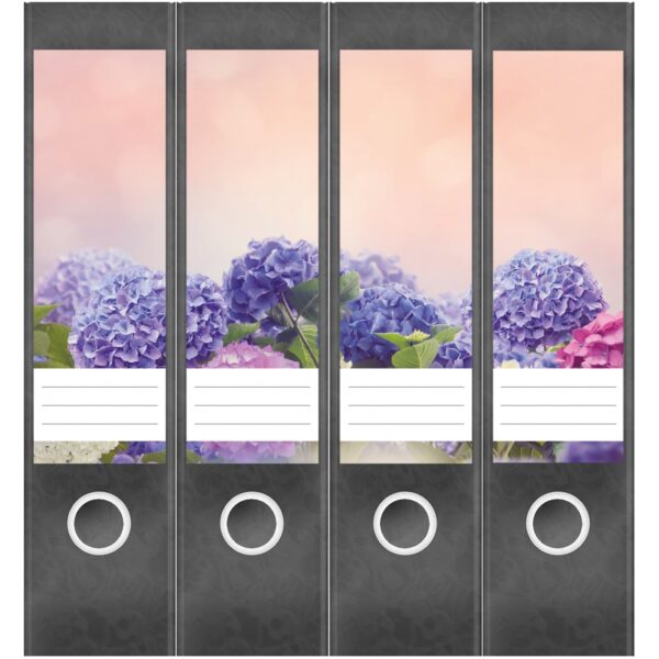 Etiketten für Ordner | Hortensien | 4 breite Aufkleber für Ordnerrücken | Selbstklebende Design Ordneretiketten Rückenschilder