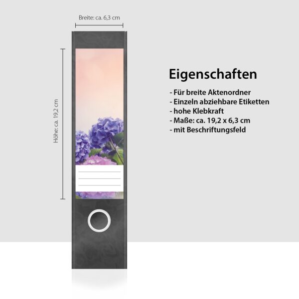 Etiketten für Ordner | Hortensien | 4 breite Aufkleber für Ordnerrücken | Selbstklebende Design Ordneretiketten Rückenschilder