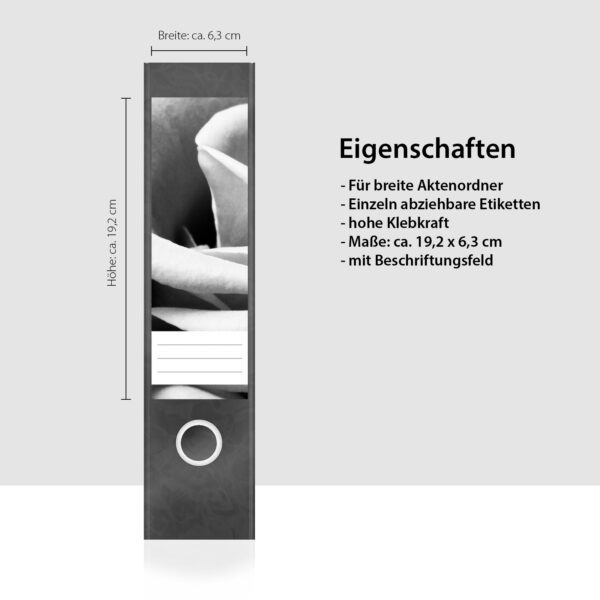 Etiketten für Ordner | Rose schwarz weiß | 4 breite Aufkleber für Ordnerrücken | Selbstklebende Design Ordneretiketten Rückenschilder
