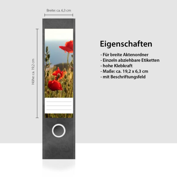Etiketten für Ordner | Mohn Feld | 4 breite Aufkleber für Ordnerrücken | Selbstklebende Design Ordneretiketten Rückenschilder