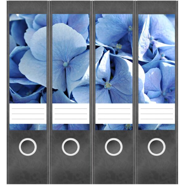 Etiketten für Ordner | Hortensie blau | 4 breite Aufkleber für Ordnerrücken | Selbstklebende Design Ordneretiketten Rückenschilder