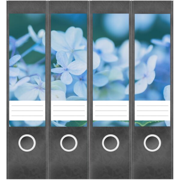 Etiketten für Ordner | Hortensien blau | 4 breite Aufkleber für Ordnerrücken | Selbstklebende Design Ordneretiketten Rückenschilder