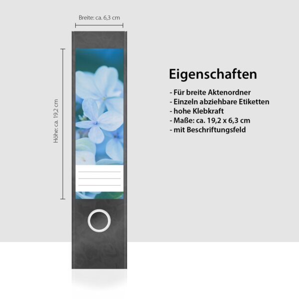 Etiketten für Ordner | Hortensien blau | 4 breite Aufkleber für Ordnerrücken | Selbstklebende Design Ordneretiketten Rückenschilder