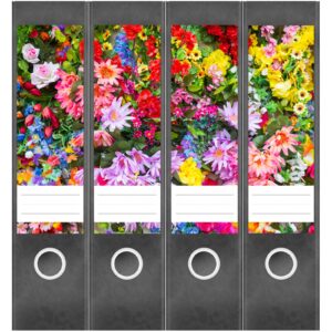Etiketten für Ordner | Buntes Blumenallerlei | 4 breite Aufkleber für Ordnerrücken | Selbstklebende Design Ordneretiketten Rückenschilder