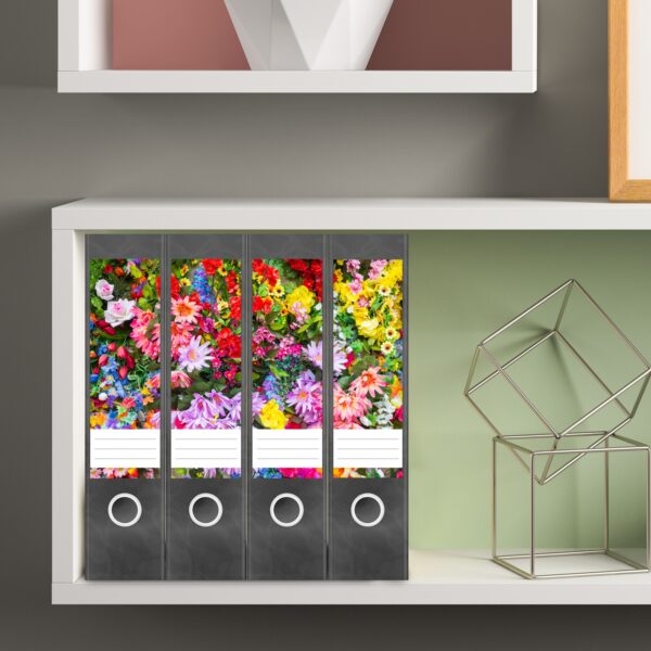 Etiketten für Ordner | Buntes Blumenallerlei | 4 breite Aufkleber für Ordnerrücken | Selbstklebende Design Ordneretiketten Rückenschilder