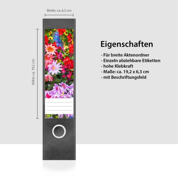 Etiketten für Ordner | Buntes Blumenallerlei | 4 breite Aufkleber für Ordnerrücken | Selbstklebende Design Ordneretiketten Rückenschilder