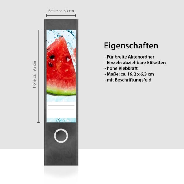 Etiketten für Ordner | Melone im Wasser | 4 breite Aufkleber für Ordnerrücken | Selbstklebende Design Ordneretiketten Rückenschilder