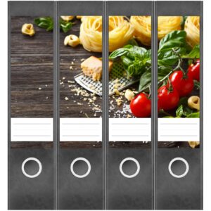 Etiketten für Ordner | Pasta und Parmesan | 4 breite Aufkleber für Ordnerrücken | Selbstklebende Design Ordneretiketten Rückenschilder