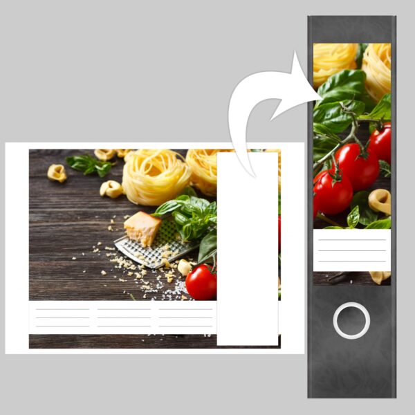 Etiketten für Ordner | Pasta und Parmesan | 4 breite Aufkleber für Ordnerrücken | Selbstklebende Design Ordneretiketten Rückenschilder