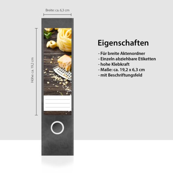 Etiketten für Ordner | Pasta und Parmesan | 4 breite Aufkleber für Ordnerrücken | Selbstklebende Design Ordneretiketten Rückenschilder