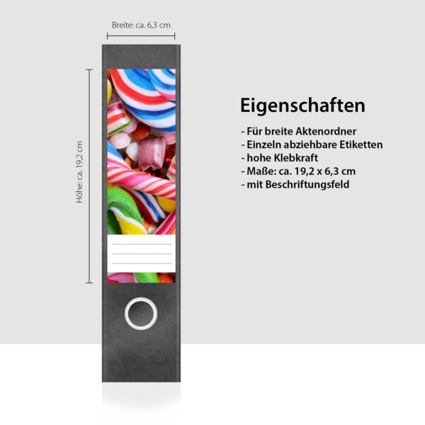 Etiketten für Ordner | Lollies und Bonbons | 4 breite Aufkleber für Ordnerrücken | Selbstklebende Design Ordneretiketten Rückenschilder