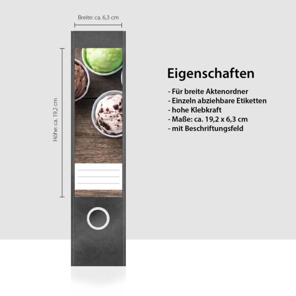 Etiketten für Ordner | Eisbecher | 4 breite Aufkleber für Ordnerrücken | Selbstklebende Design Ordneretiketten Rückenschilder