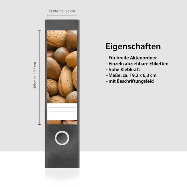 Etiketten für Ordner | Nüsse | 4 breite Aufkleber für Ordnerrücken | Selbstklebende Design Ordneretiketten Rückenschilder