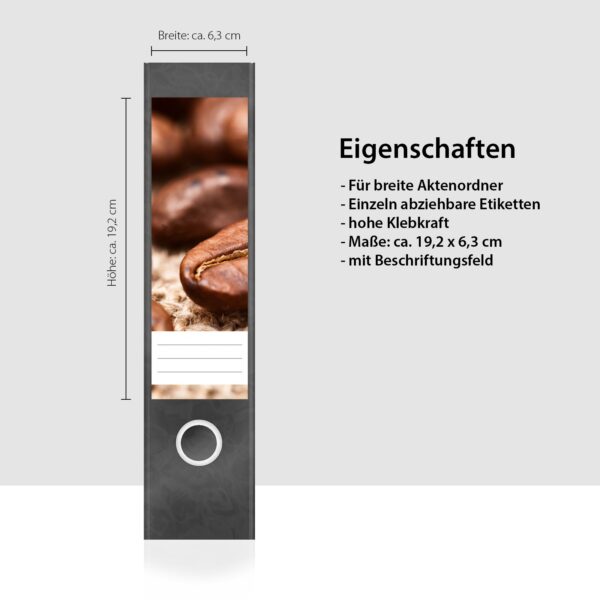 Etiketten für Ordner | Kaffee | 4 breite Aufkleber für Ordnerrücken | Selbstklebende Design Ordneretiketten Rückenschilder