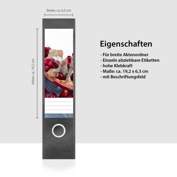 Etiketten für Ordner | Granatapfel | 4 breite Aufkleber für Ordnerrücken | Selbstklebende Design Ordneretiketten Rückenschilder