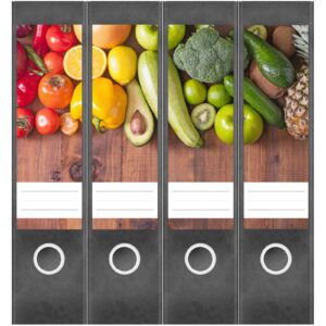 Etiketten für Ordner | Frisches Obst und Gemüse | 4 breite Aufkleber für Ordnerrücken | Selbstklebende Design Ordneretiketten Rückenschilder