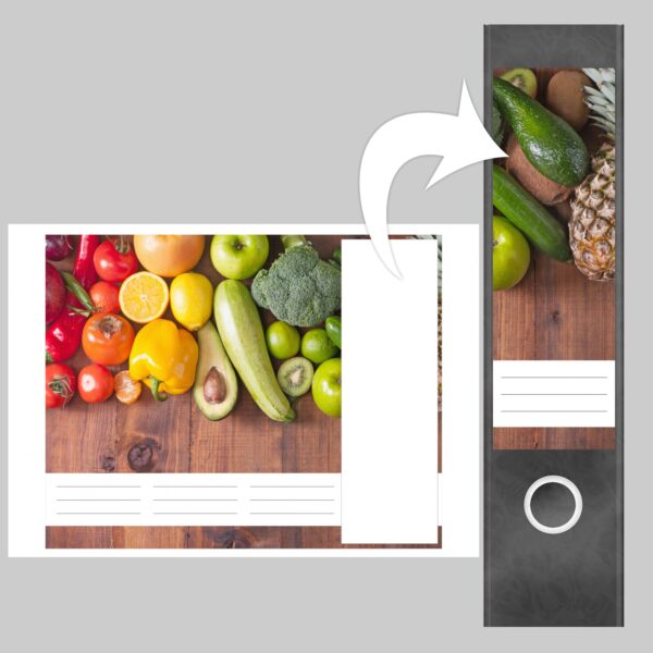 Etiketten für Ordner | Frisches Obst und Gemüse | 4 breite Aufkleber für Ordnerrücken | Selbstklebende Design Ordneretiketten Rückenschilder