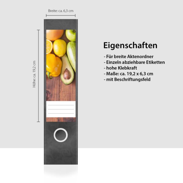 Etiketten für Ordner | Frisches Obst und Gemüse | 4 breite Aufkleber für Ordnerrücken | Selbstklebende Design Ordneretiketten Rückenschilder
