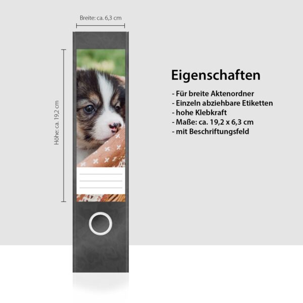 Etiketten für Ordner | Hunde Welpe im Korb | 4 breite Aufkleber für Ordnerrücken | Selbstklebende Design Ordneretiketten Rückenschilder