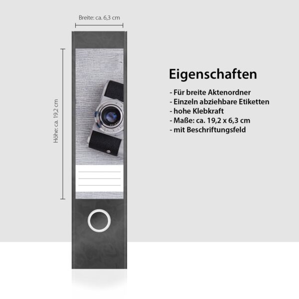 Etiketten für Ordner | Kameras Fotoapparate | 4 breite Aufkleber für Ordnerrücken | Selbstklebende Design Ordneretiketten Rückenschilder