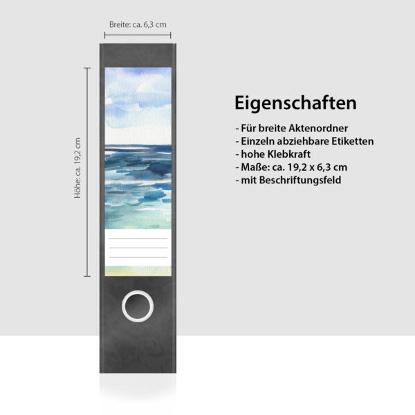 Etiketten für Ordner | Aquarelloptik Meer | 4 breite Aufkleber für Ordnerrücken | Selbstklebende Design Ordneretiketten Rückenschilder