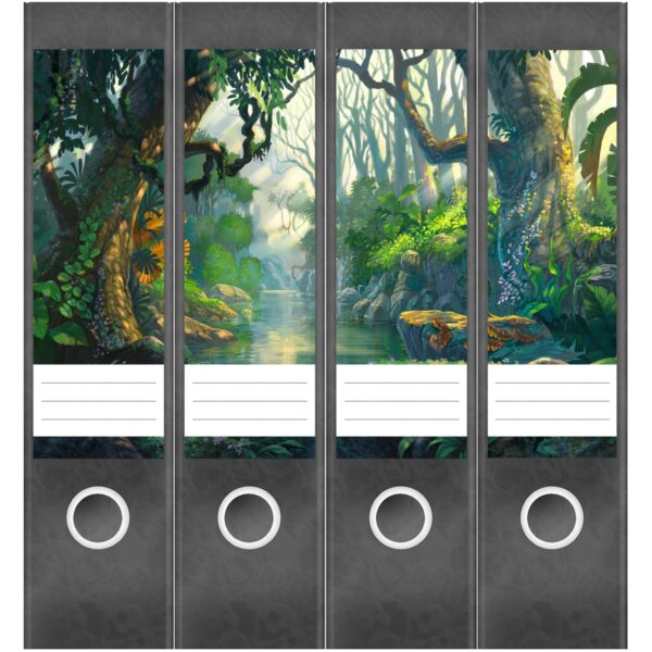 Etiketten für Ordner | Jungle Bäume Wald | 4 breite Aufkleber für Ordnerrücken | Selbstklebende Design Ordneretiketten Rückenschilder