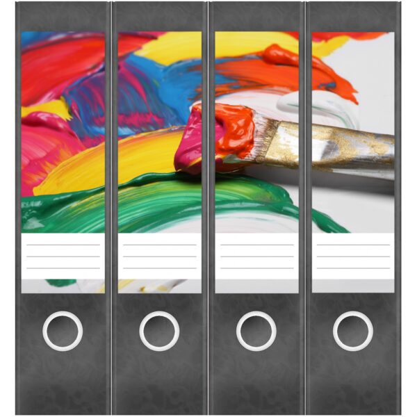 Etiketten für Ordner | Pinsel mit Farben | 4 breite Aufkleber für Ordnerrücken | Selbstklebende Design Ordneretiketten Rückenschilder