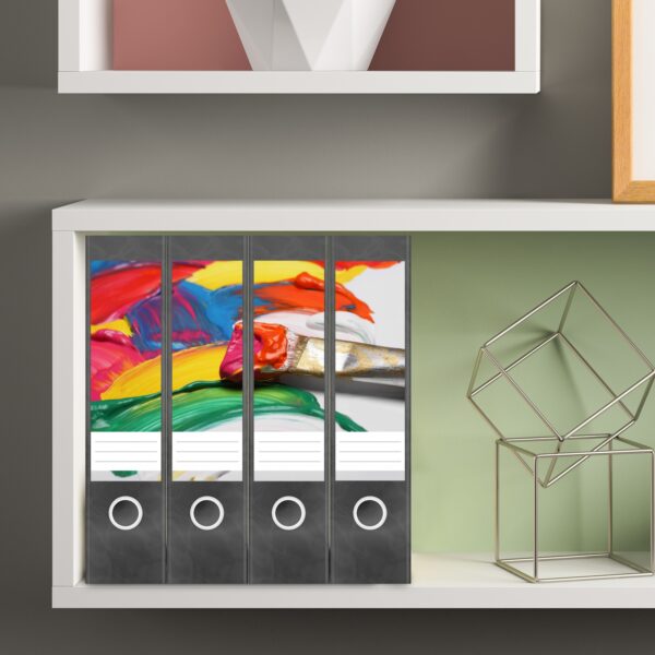 Etiketten für Ordner | Pinsel mit Farben | 4 breite Aufkleber für Ordnerrücken | Selbstklebende Design Ordneretiketten Rückenschilder