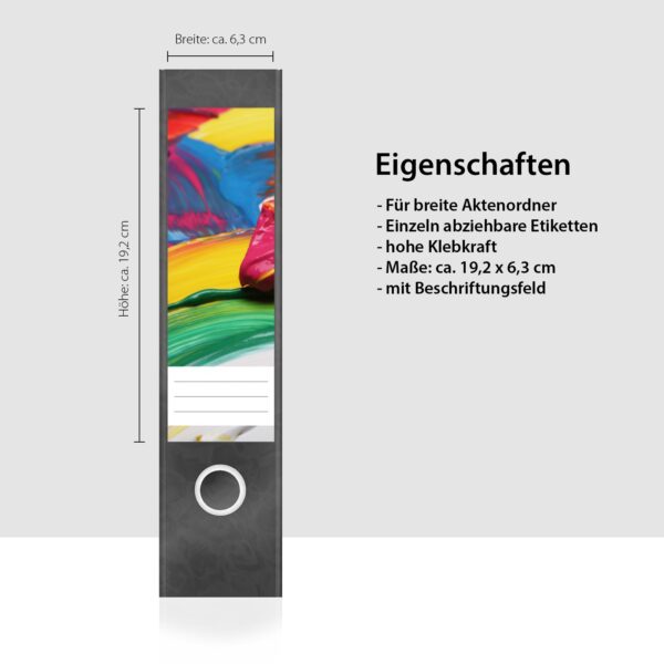 Etiketten für Ordner | Pinsel mit Farben | 4 breite Aufkleber für Ordnerrücken | Selbstklebende Design Ordneretiketten Rückenschilder