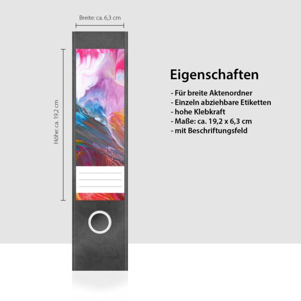 Etiketten für Ordner | Kunst Farben Modern | 4 breite Aufkleber für Ordnerrücken | Selbstklebende Design Ordneretiketten Rückenschilder