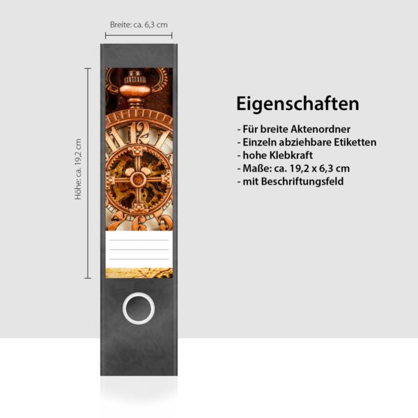 Etiketten für Ordner | Taschenuhr Uhrwerk | 4 breite Aufkleber für Ordnerrücken | Selbstklebende Design Ordneretiketten Rückenschilder