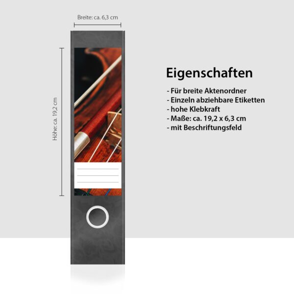 Etiketten für Ordner | Musik Geige Kunst | 4 breite Aufkleber für Ordnerrücken | Selbstklebende Design Ordneretiketten Rückenschilder