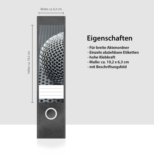 Etiketten für Ordner | Mikrofon Musik Kunst | 4 breite Aufkleber für Ordnerrücken | Selbstklebende Design Ordneretiketten Rückenschilder