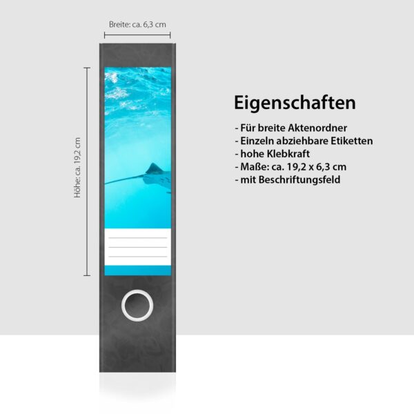 Etiketten für Ordner | Rochen Tauchen Meer | 4 breite Aufkleber für Ordnerrücken | Selbstklebende Design Ordneretiketten Rückenschilder