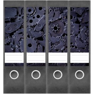 Etiketten für Ordner | Metall Zahnräder | 4 breite Aufkleber für Ordnerrücken | Selbstklebende Design Ordneretiketten Rückenschilder