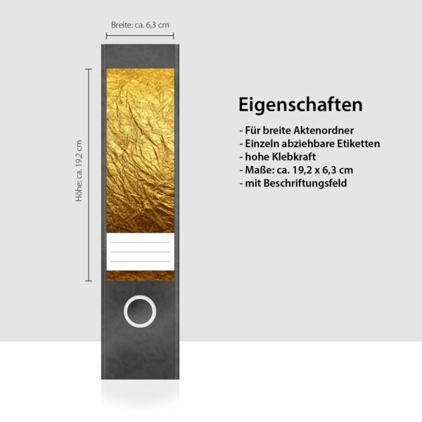 Etiketten für Ordner | Goldoptik Metall | 4 breite Aufkleber für Ordnerrücken | Selbstklebende Design Ordneretiketten Rückenschilder