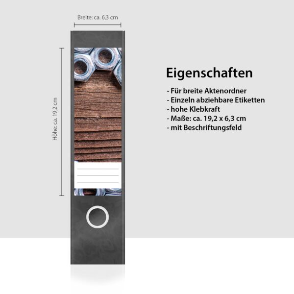 Etiketten für Ordner | Metall Mutter Eisen | 4 breite Aufkleber für Ordnerrücken | Selbstklebende Design Ordneretiketten Rückenschilder