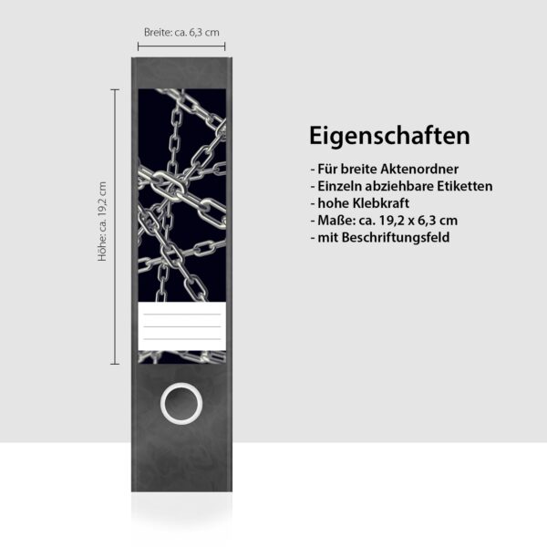 Etiketten für Ordner | Eisenketten Metall | 4 breite Aufkleber für Ordnerrücken | Selbstklebende Design Ordneretiketten Rückenschilder