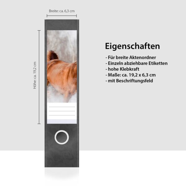 Etiketten für Ordner | Pferd im Schnee | 4 breite Aufkleber für Ordnerrücken | Selbstklebende Design Ordneretiketten Rückenschilder