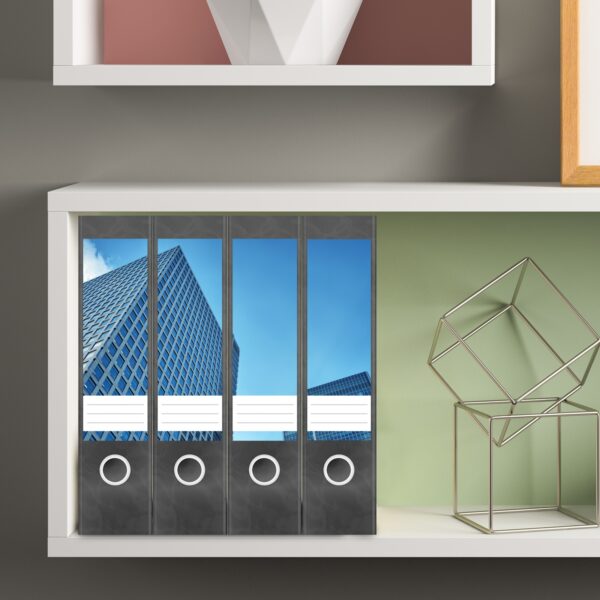 Etiketten für Ordner | Hochhaus Skyline | 4 breite Aufkleber für Ordnerrücken | Selbstklebende Design Ordneretiketten Rückenschilder