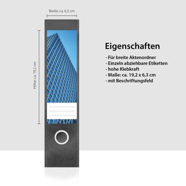 Etiketten für Ordner | Hochhaus Skyline | 4 breite Aufkleber für Ordnerrücken | Selbstklebende Design Ordneretiketten Rückenschilder