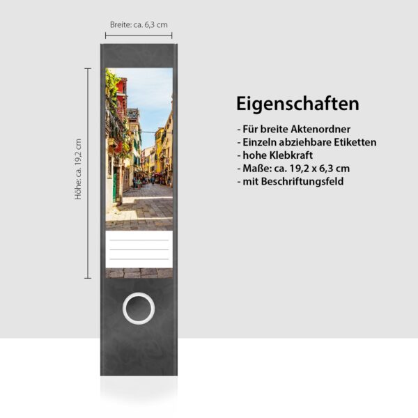 Etiketten für Ordner | Mediterrane Straße | 4 breite Aufkleber für Ordnerrücken | Selbstklebende Design Ordneretiketten Rückenschilder