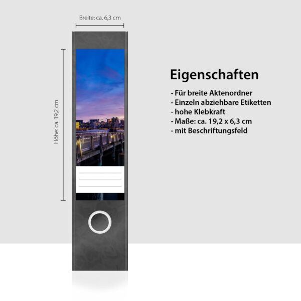 Etiketten für Ordner | Skyline in Abenddämmerung | 4 breite Aufkleber für Ordnerrücken | Selbstklebende Design Ordneretiketten Rückenschilder