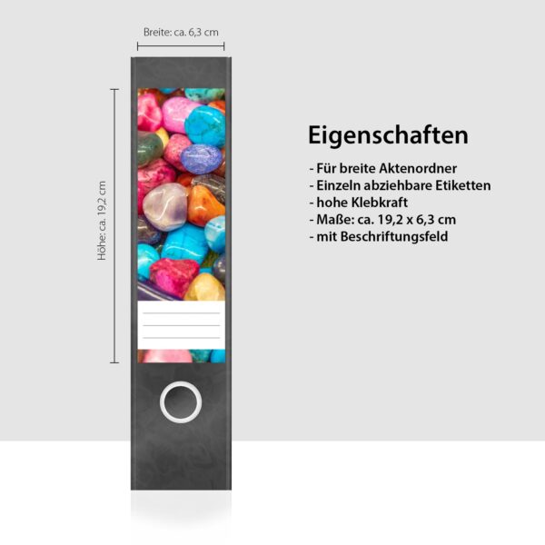 Etiketten für Ordner | Bunte Steine | 4 breite Aufkleber für Ordnerrücken | Selbstklebende Design Ordneretiketten Rückenschilder