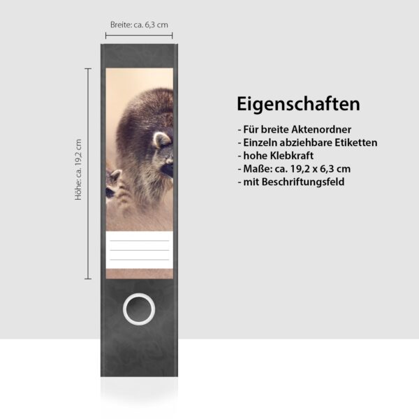 Etiketten für Ordner | Waschbären | 4 breite Aufkleber für Ordnerrücken | Selbstklebende Design Ordneretiketten Rückenschilder