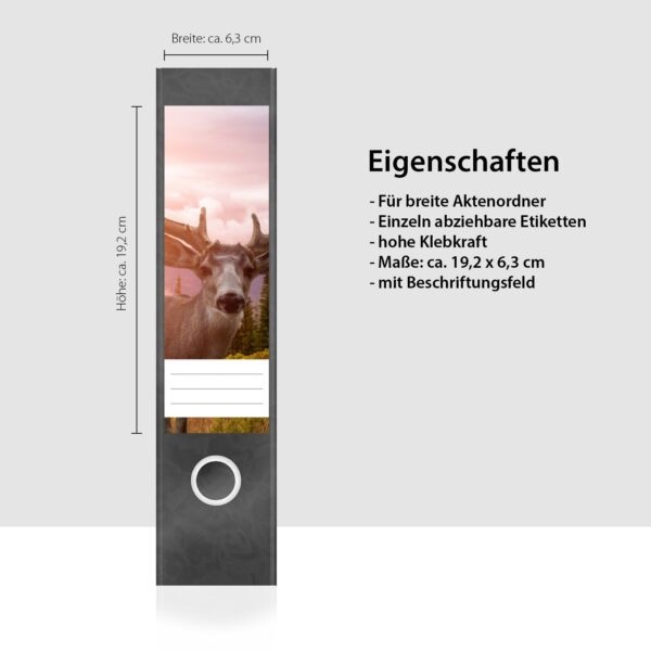 Etiketten für Ordner | Elch mit Geweih | 4 breite Aufkleber für Ordnerrücken | Selbstklebende Design Ordneretiketten Rückenschilder