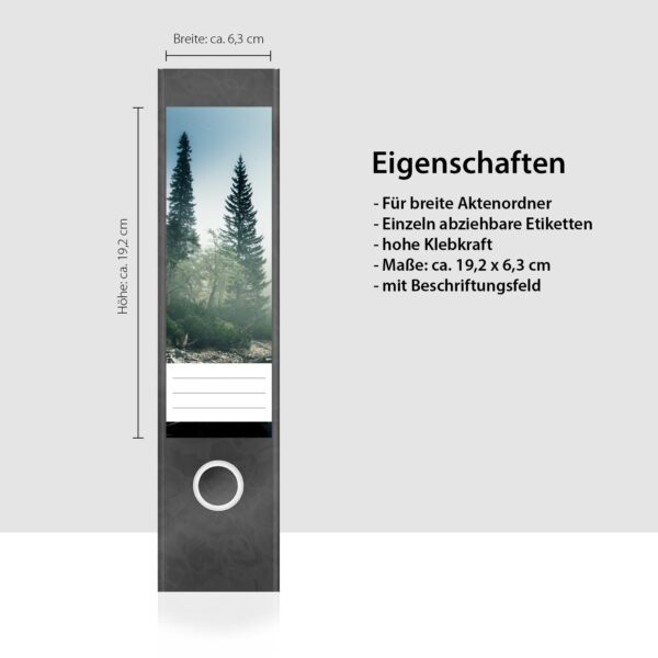 Etiketten für Ordner | Wald im Nebel | 4 breite Aufkleber für Ordnerrücken | Selbstklebende Design Ordneretiketten Rückenschilder