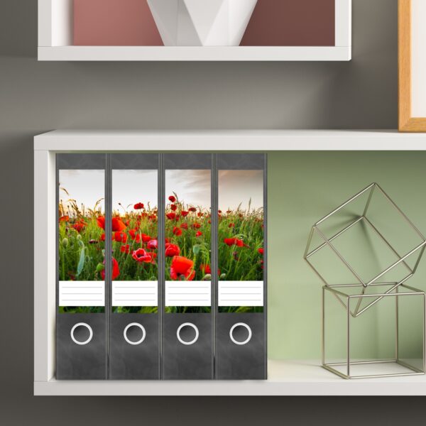Etiketten für Ordner | Mohnblüte Wiese | 4 breite Aufkleber für Ordnerrücken | Selbstklebende Design Ordneretiketten Rückenschilder
